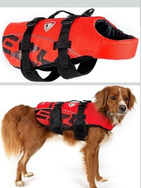 Size Large- Red Dog Life Jacket with Handle - , Durable Pet Safety Vest